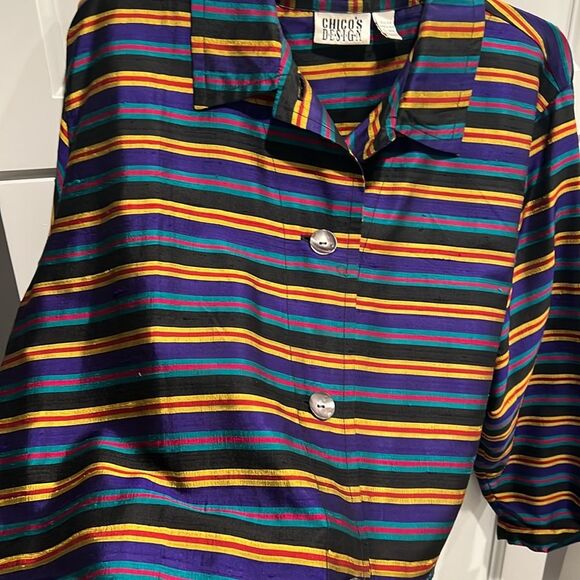 Vintage Chico's Design 100% Silk Multi Color Striped Blouse Jacket. Size 3 - Picture 5 of 7